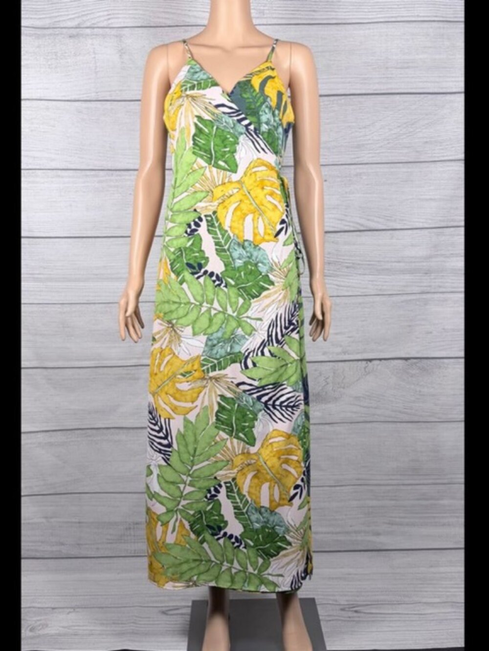 🌿 Lulus Pinch Tropical Fantasy Satin Wrap Midi Dress Green Multi Leaf Print L